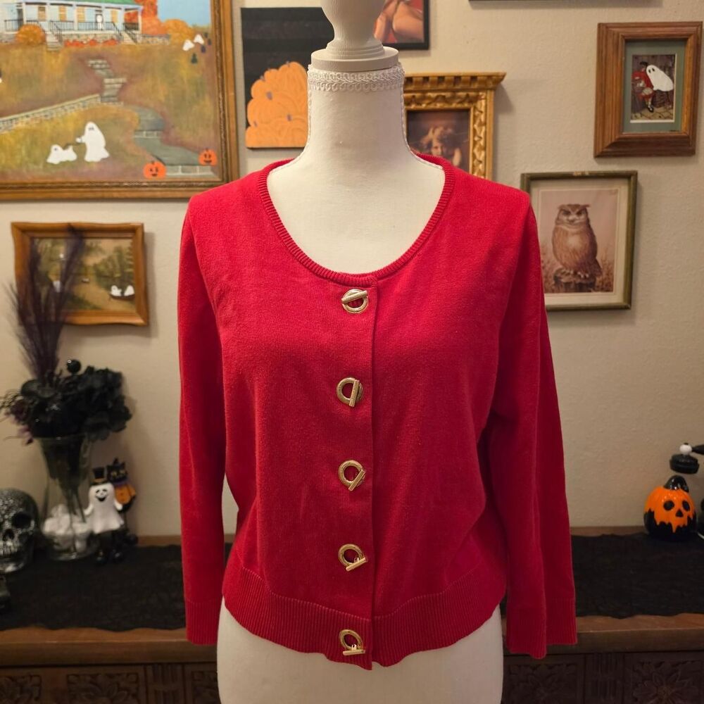 Calvin-klein Women's Red and Gold Cardigan